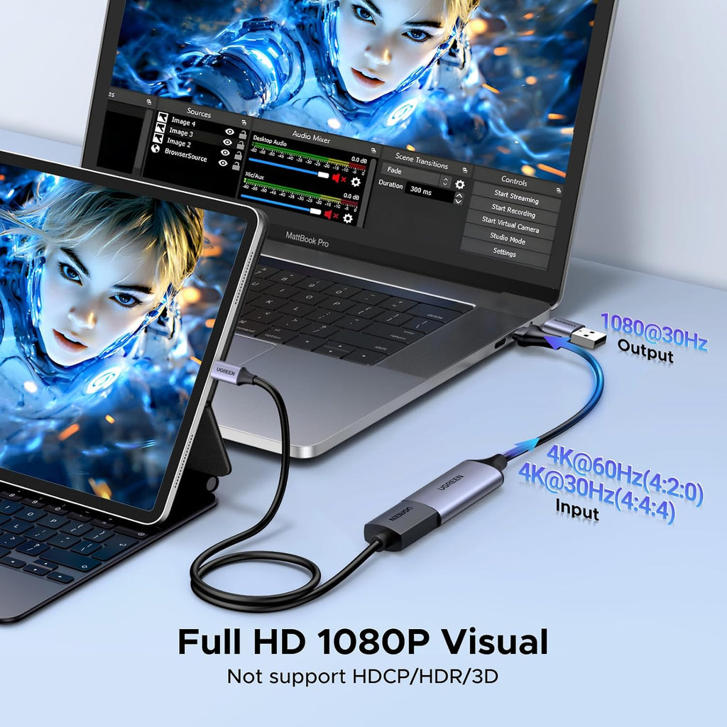 UGREEN Full HD 1080P 30fps Video Capture Card 4K HDMI to USB 2.0 | USB-A/USB-C Audio Recording for Gaming Capture