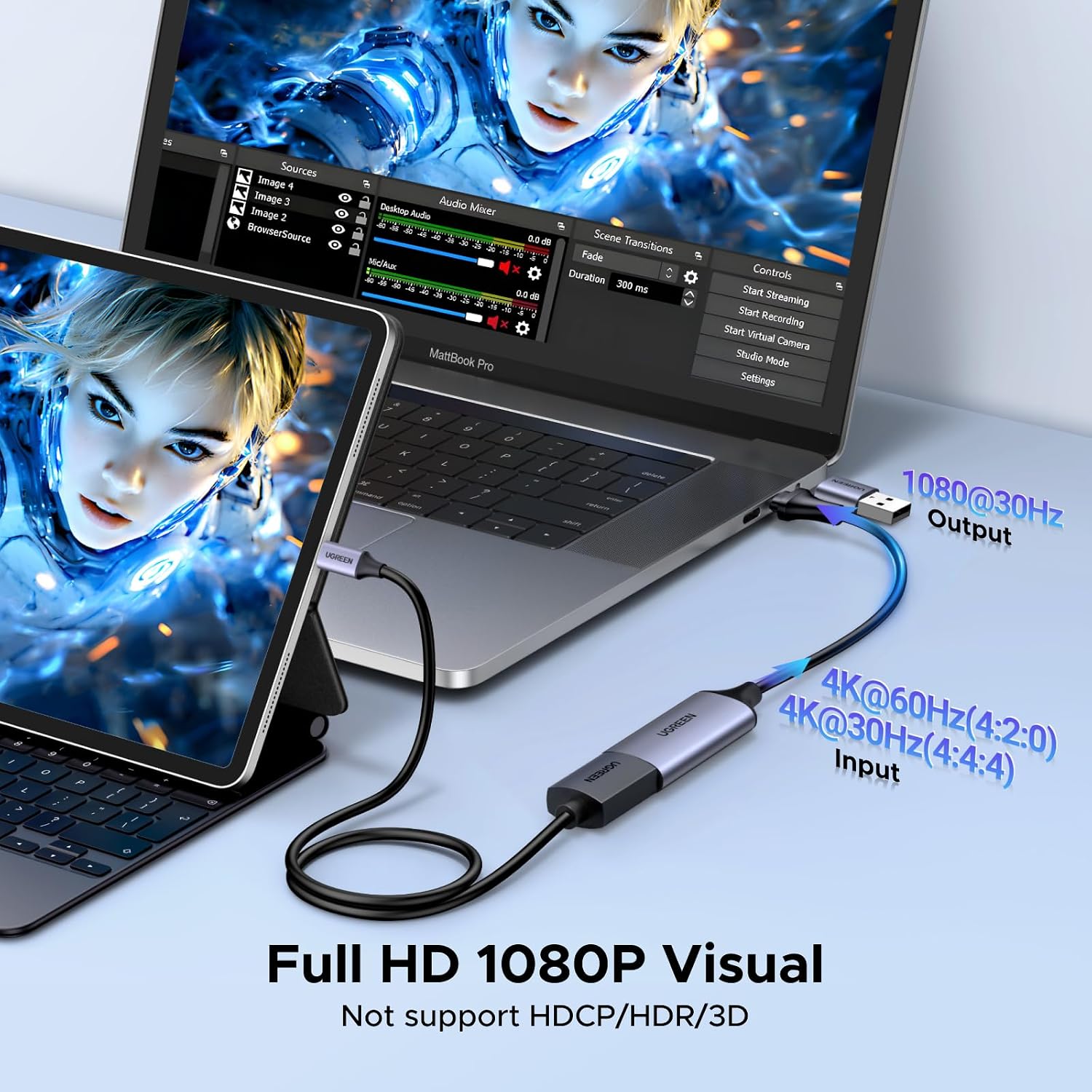 UGREEN Full HD 1080P 30fps Video Capture Card 4K HDMI to USB 2.0 | USB-A/USB-C Audio Recording for Gaming Capture