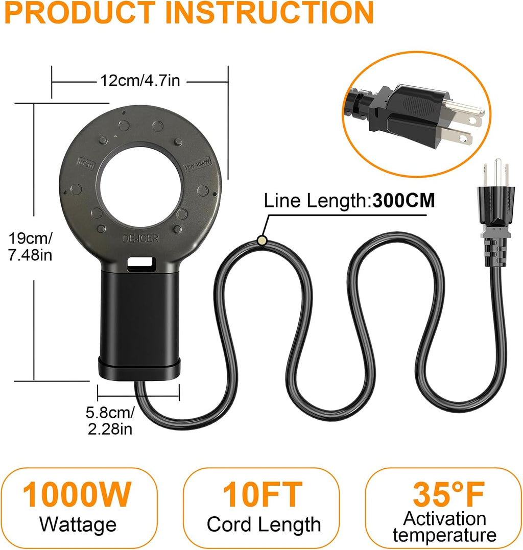 1000W Utility De-Icer, Submergible Bird Bath Heater De-icer, Chicken Water Heater, Stock Tank Heater for Livestock