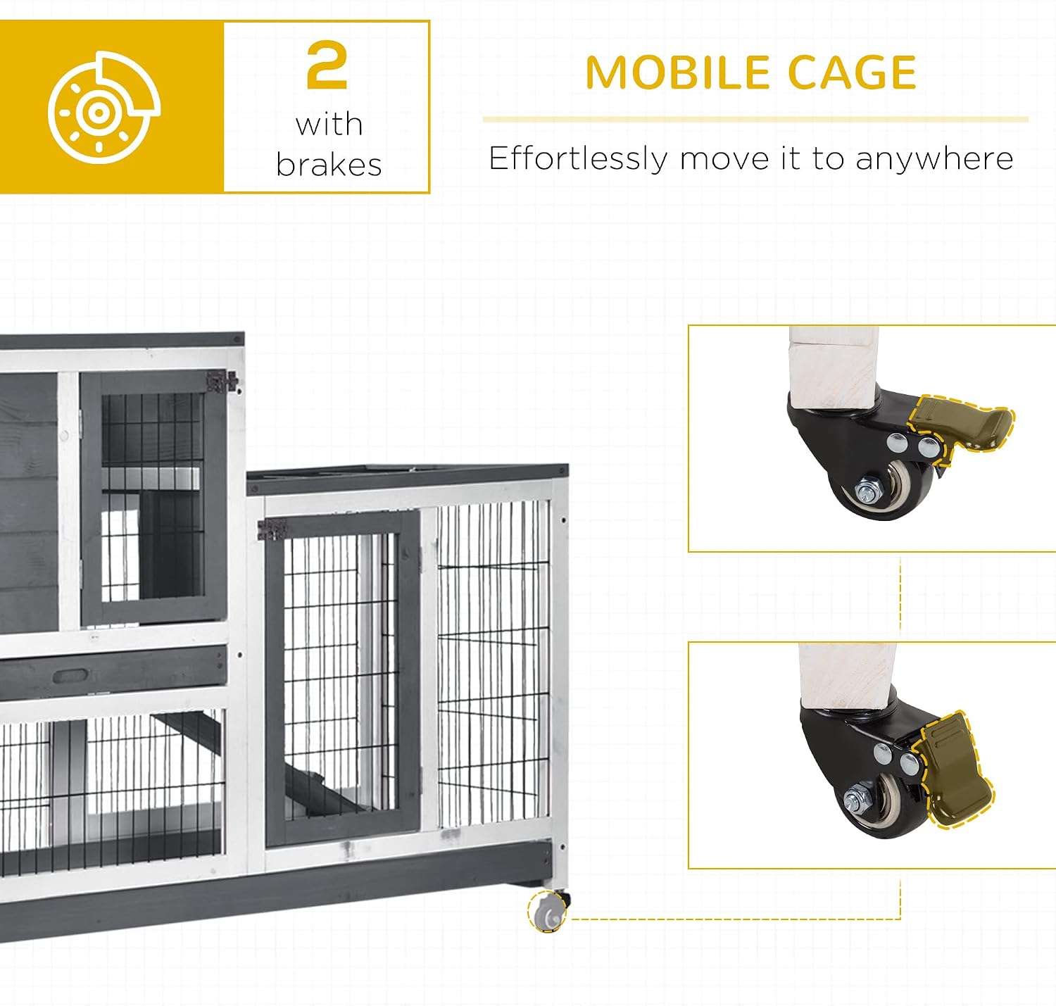 Wooden Rabbit Hutch Elevated Bunny Cage Indoor Small Animal Habitat with Enclosed Run with Wheels, Ramp, Removable