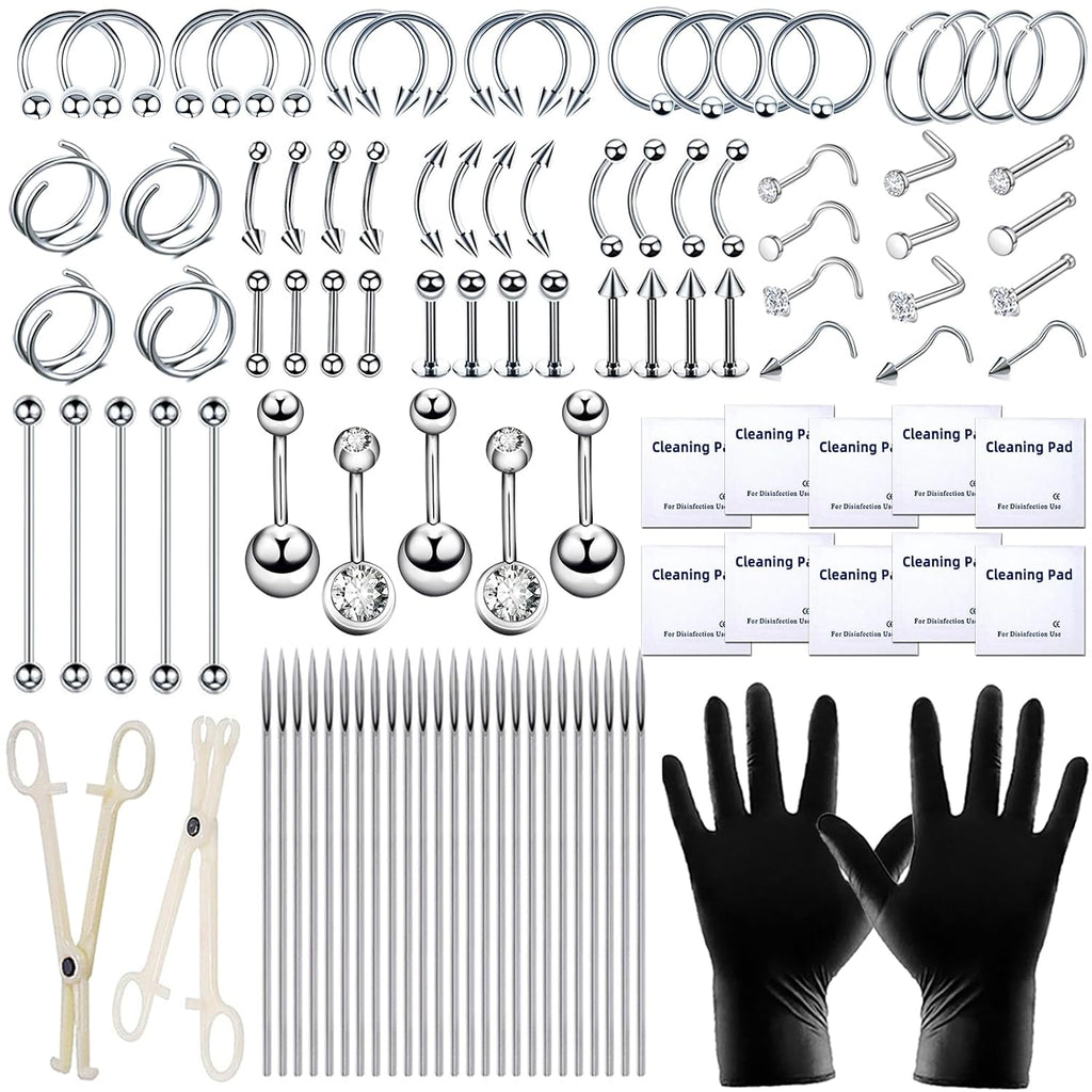 103PCS Piercing Kit for all Body Piercings Stainless Steel Piercing Jewelry with 12G 14G 16G 20G Piercing Needles and