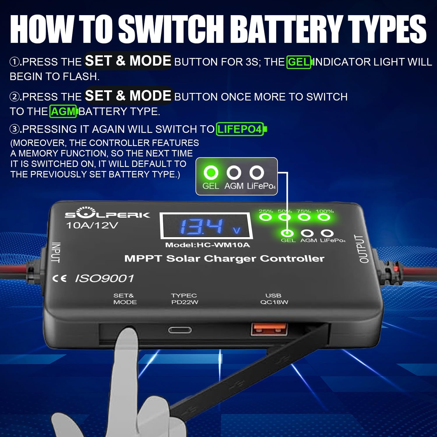 MPPT 10A 12V Solar Charge Controller for Gel AGM Lithium LiFePO4 | Solar Panel Charge Controller LCD Display with
