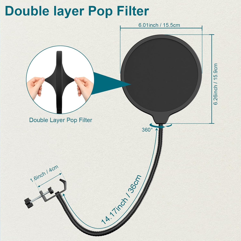 Desktop Microphone Stand,Adjustable Height Mic Stand with Pop Filter Shock Mount Mic Clip 3/8" to 5/8"