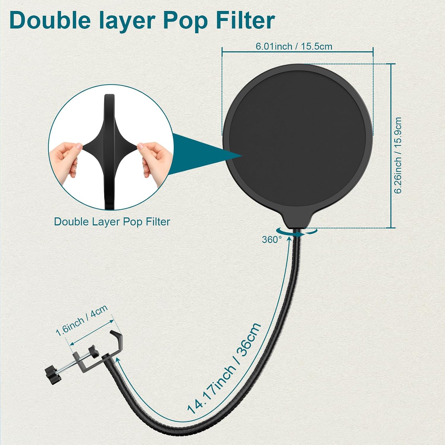 Desktop Microphone Stand,Adjustable Height Mic Stand with Pop Filter Shock Mount Mic Clip 3/8" to 5/8"
