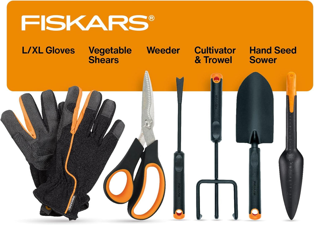 Vegetable Gardening Essentials 6-Piece Tool Set for Cultivating, Serrated Stainless Steel Shears & 4-in-1 Seed Sower