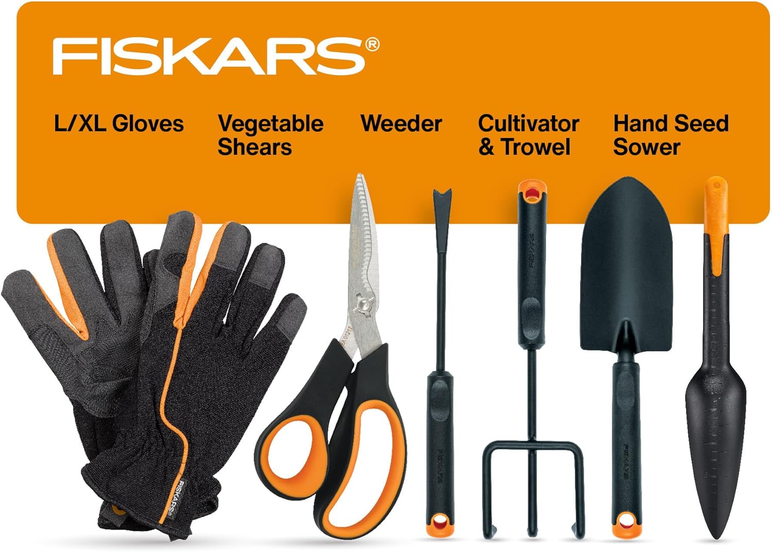 Vegetable Gardening Essentials 6-Piece Tool Set for Cultivating, Serrated Stainless Steel Shears & 4-in-1 Seed Sower