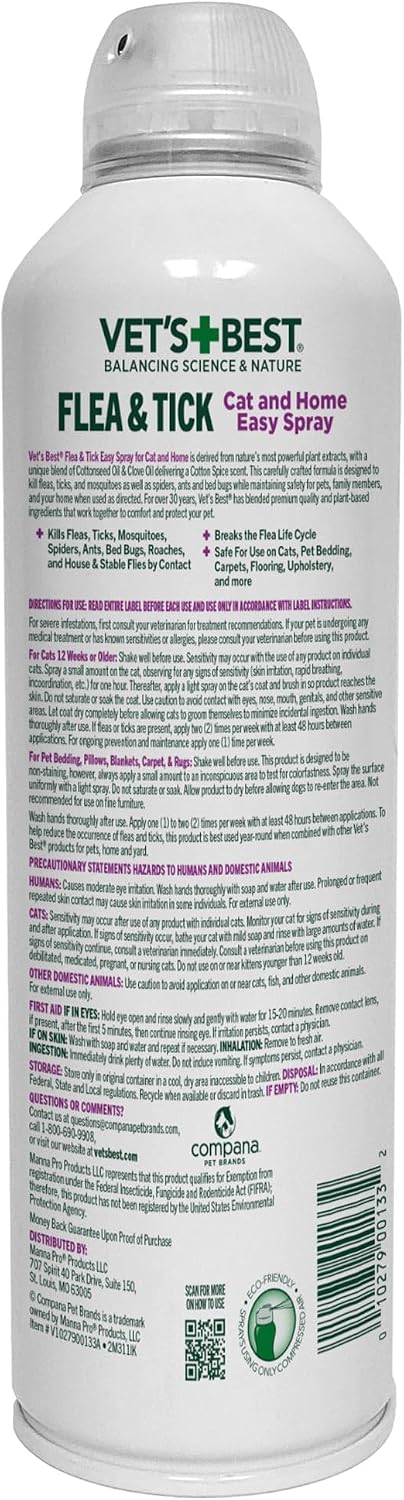 Flea & Tick Easy Spray for Cats, Cotton Spice, Natural, 14 oz