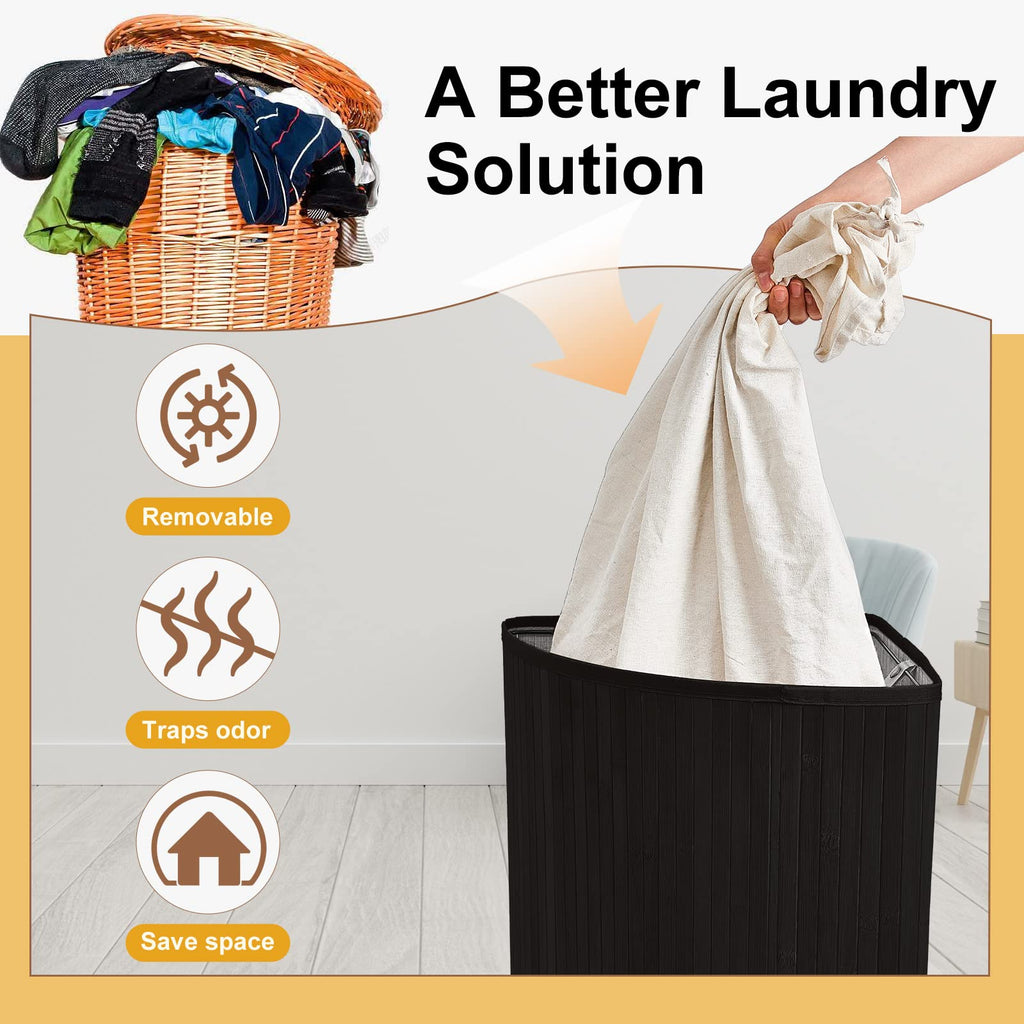 Corner Bamboo Laundry Hamper with Lid, Black, Vertical Slatted