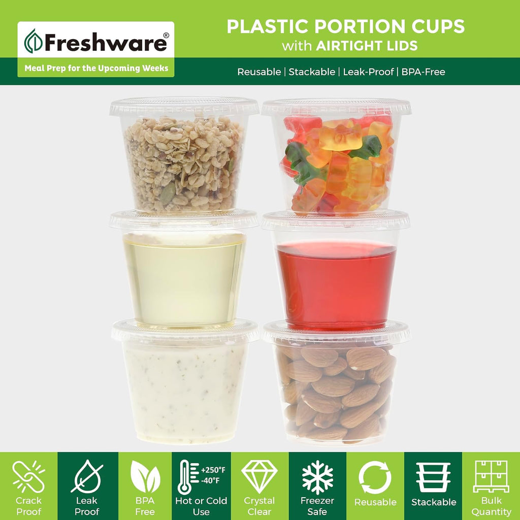 Plastic Portion Cups with Lids [5.5 Ounce, 200 Sets] Souffle Cups, Jello Shot Cups, Condiment Sauce Containers For