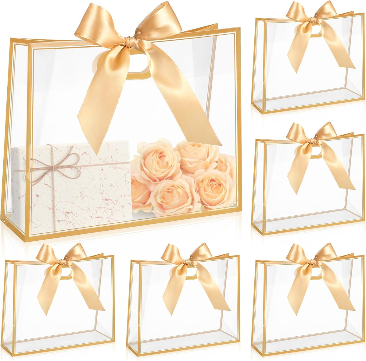 12 Pcs Christmas Gold Clear Plastic Gift Bags with Die Cut Handles