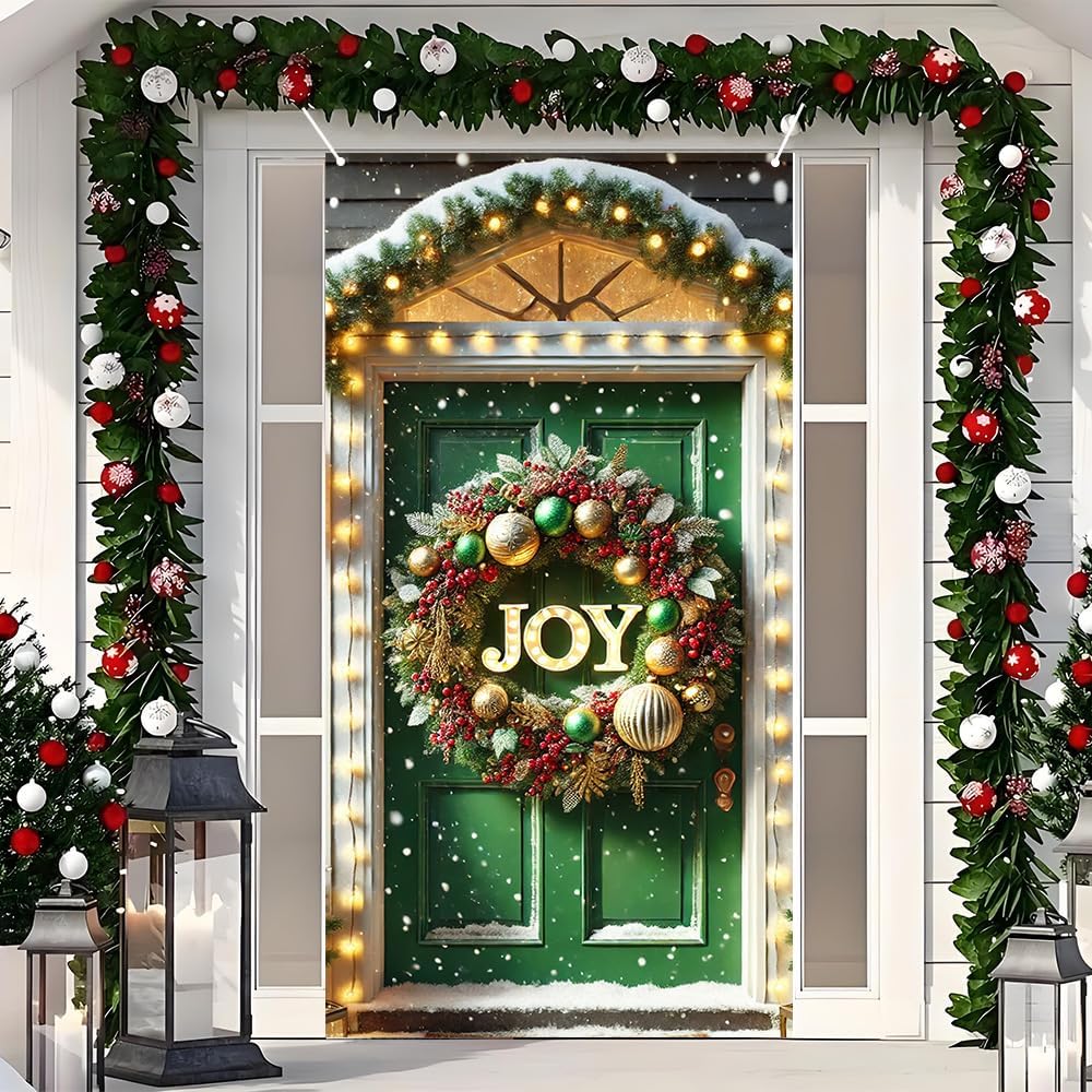 2D Flat 71x35 Inch Large Green Door Christmas Banner with Glowing JOY Wreath Red Berry Pine Garland Wall Hanging for