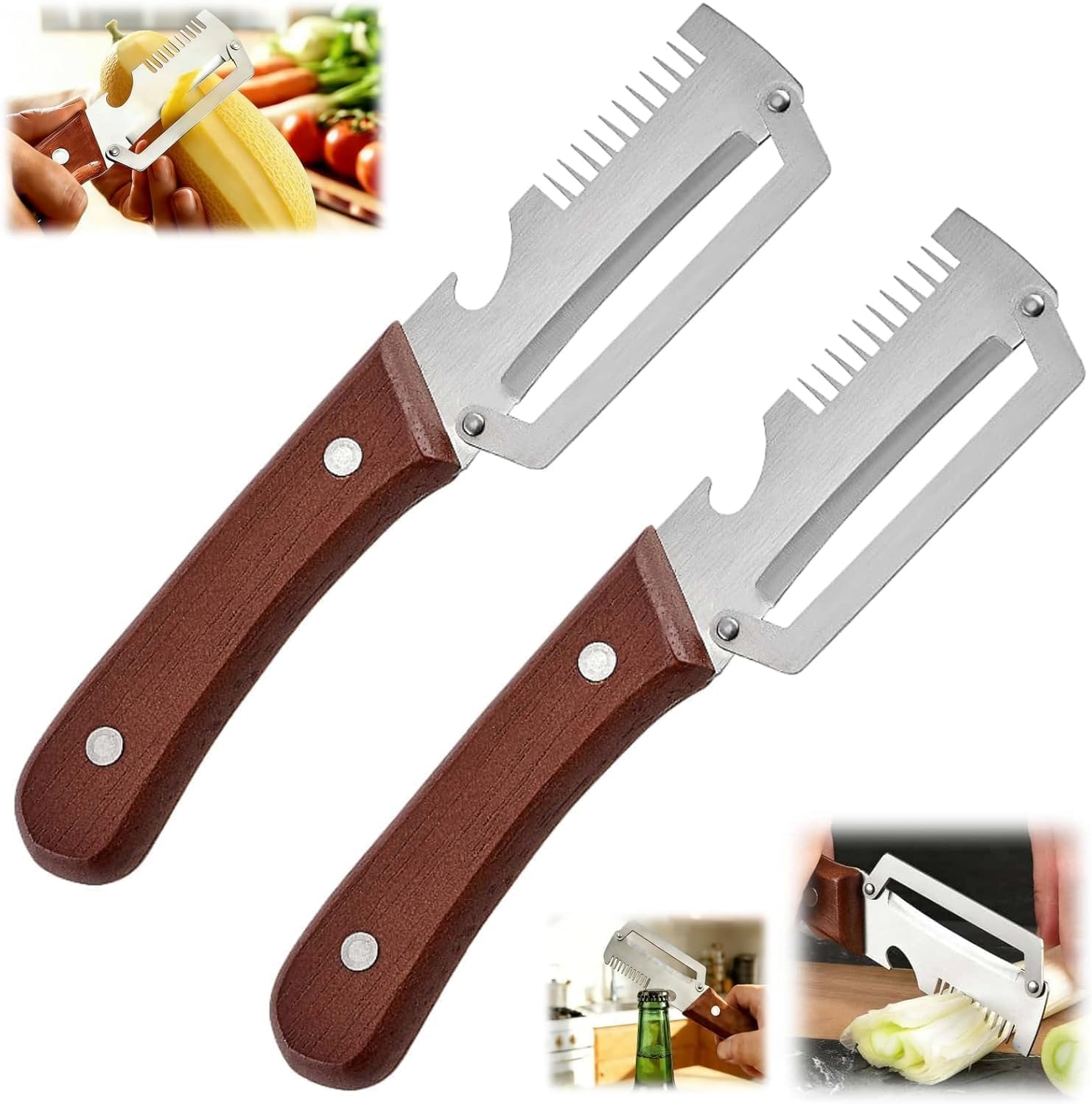 2-Pack Multifunctional Vegetable Peeler, 3 in 1 Kitchen Peeler with Wooden Handle, Grater & Bottle Opener for Potato