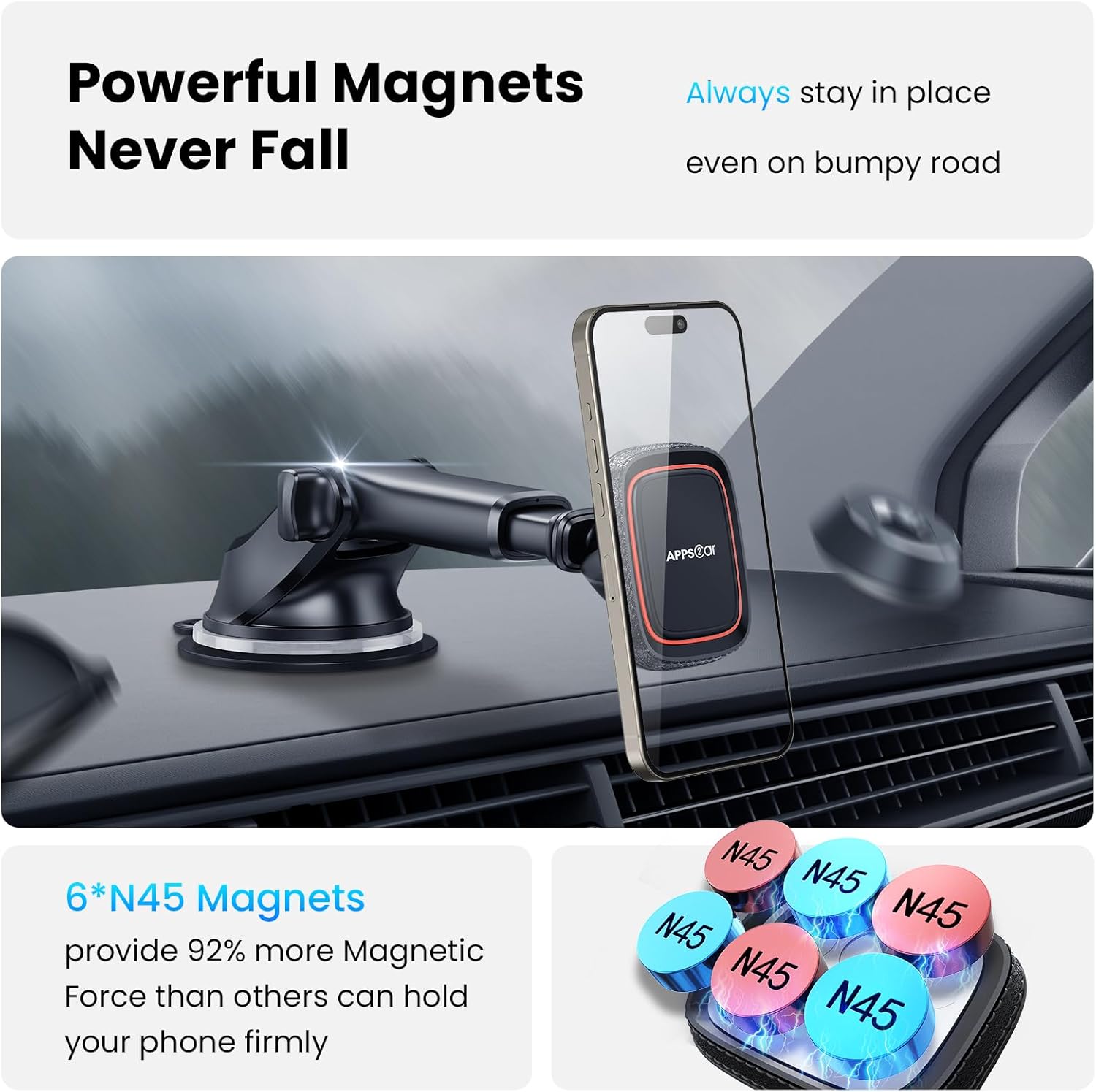 Magnetic Phone Mount for Car, Dashboard & Windshield Suction Cup Holder with Telescopic Arm, Requires Metal Plate for