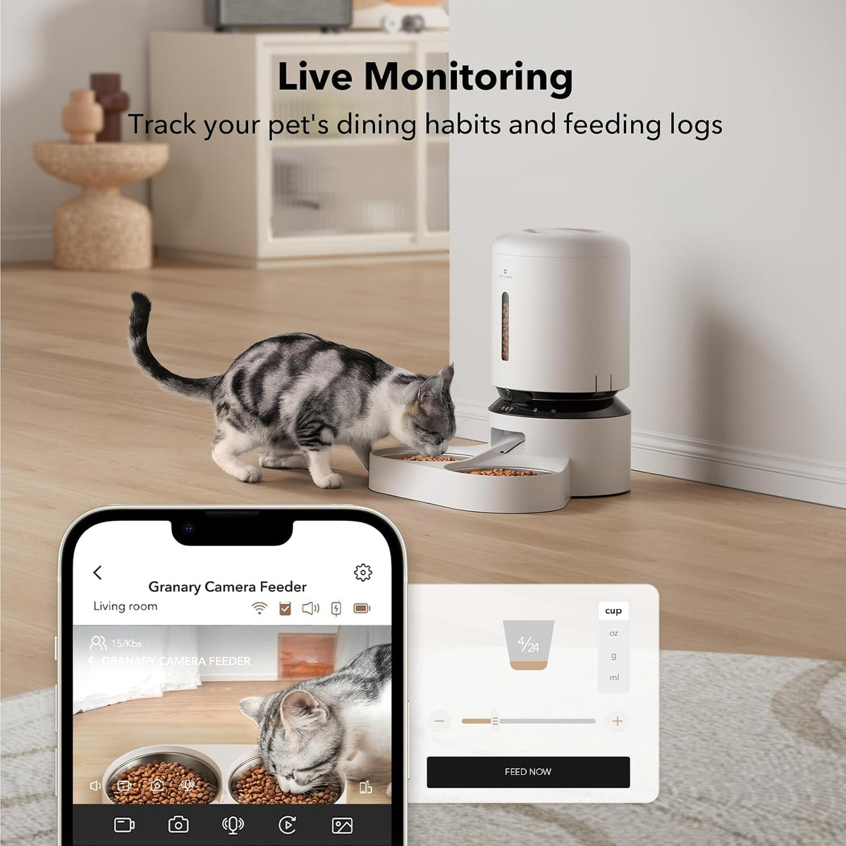 Automatic Cat Feeder with Camera for Two Cats, 1080P HD Video with Night Vision, 5G WiFi Pet Feeder with Phone APP
