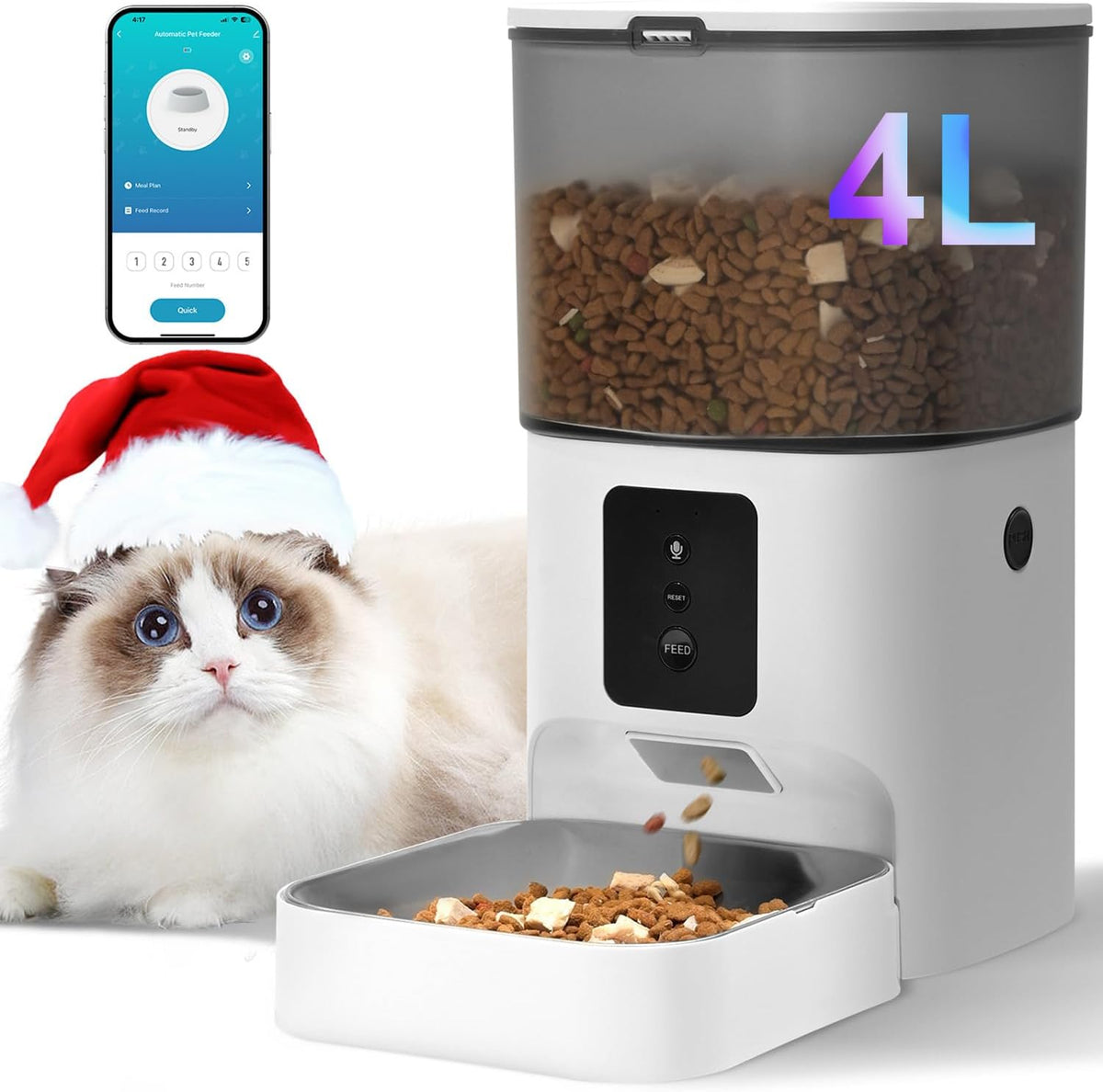 Automatic Cat Feeder, 4L WiFi Food Dispenser with 10s Voice Recorder, Pet Feeder up to 10 Meals per Day, Timed Cat