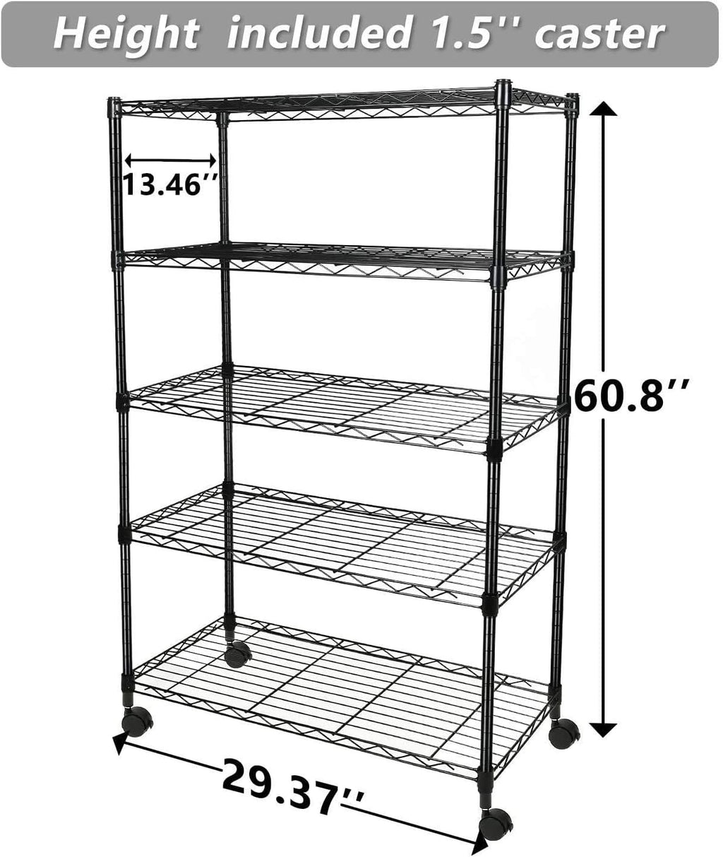 Heavy Duty 5-Shelf Storage Shelving Unit, 1250lbs Loading Capacity, 29.92" D x 13.98" W x 61.09" H, Black