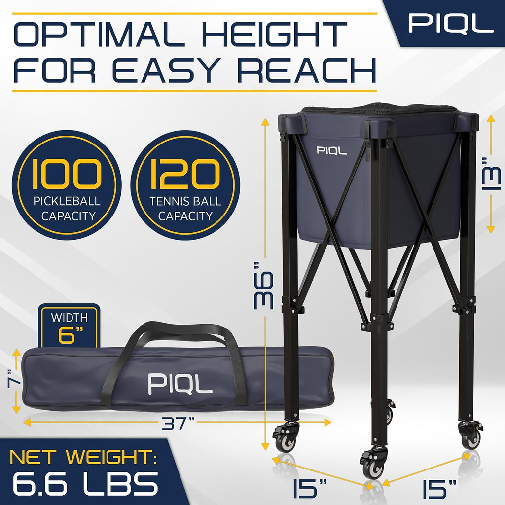 Navy Blue Pickleball Ball Caddy - Wheeled Cart, Storage Bag - 100 pickleball capacity - Tennis Ball Hopper