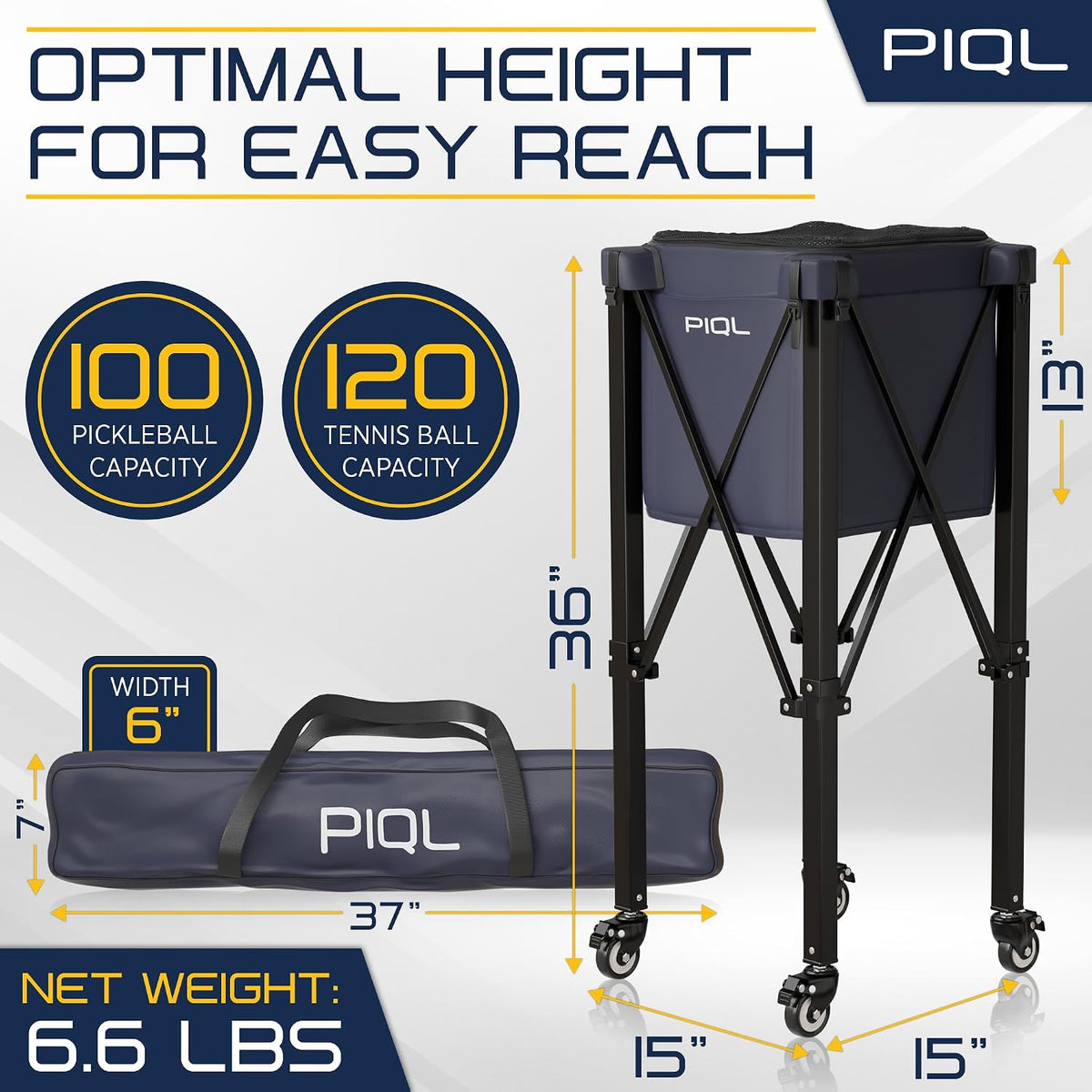 Navy Blue Pickleball Ball Caddy - Wheeled Cart, Storage Bag - 100 pickleball capacity - Tennis Ball Hopper