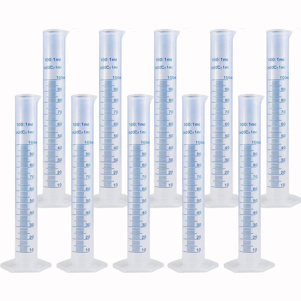 10Pack 100ml Plastic Graduated Cylinder, 2-Sided Marking Lab Cylinders