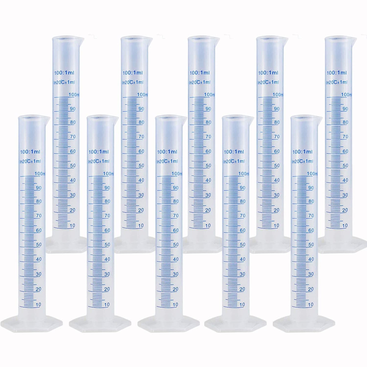 10Pack 100ml Plastic Graduated Cylinder, 2-Sided Marking Lab Cylinders