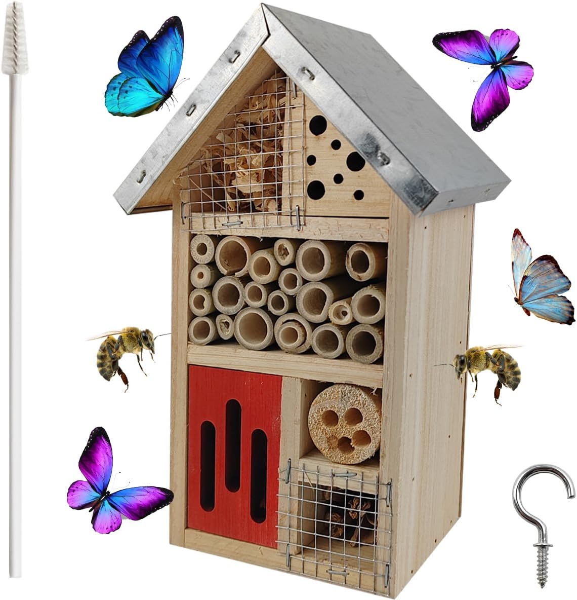 Natural Wooden Hanging Bee House for Gardens Natural Wooden Butterfly Hotel for Bee, Butterfly, Ladybirds, Habitat