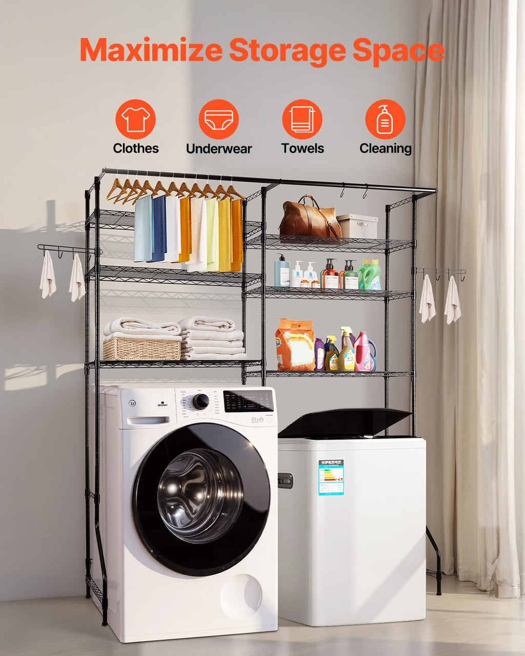 Over Washer and Dryer Storage Shelves, 6 Tiers Laundry Room Drying Rack with Hanger Rod and Hooks, Two Rows