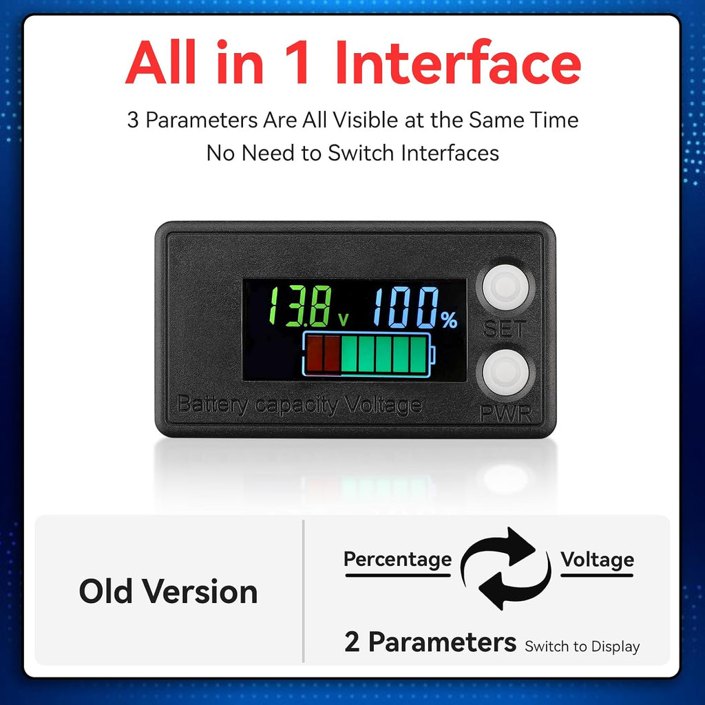Waterproof Battery Monitor 12V 24V 36V 48V 72V Battery Meter 8-100V, Capacity Tester LCD Display Color Screen