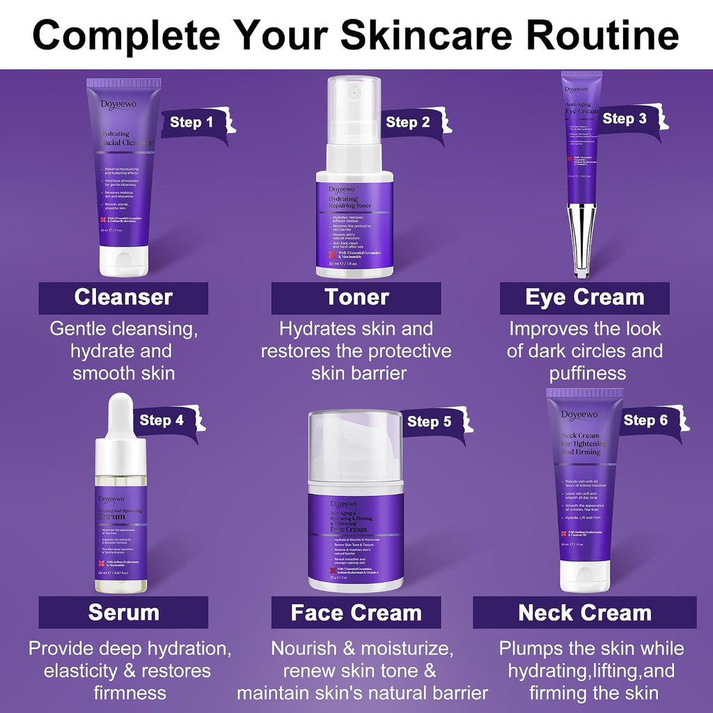 Skin Care Set,6Pcs Professional Womens Teens Tighten Lift Firm Skincare,Hydrate Anti-Aging Facial Routine Kit Travel