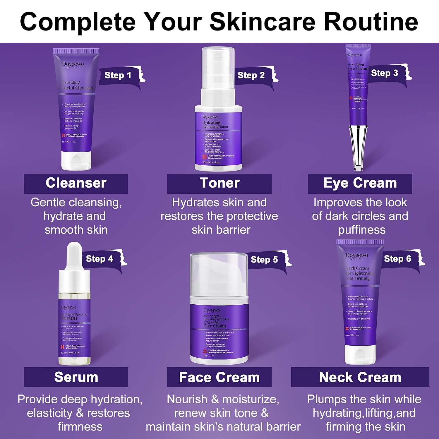 Skin Care Set,6Pcs Professional Womens Teens Tighten Lift Firm Skincare,Hydrate Anti-Aging Facial Routine Kit Travel