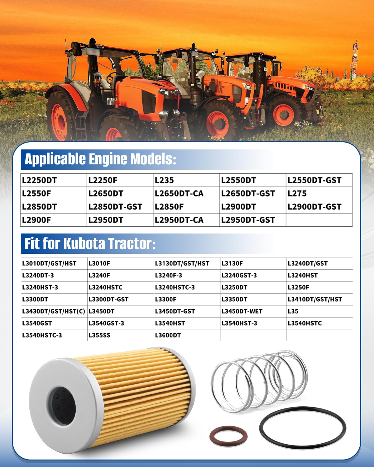4PCS Fuel Filter with O-ring Spring 15521-43160 Fit for Kubota