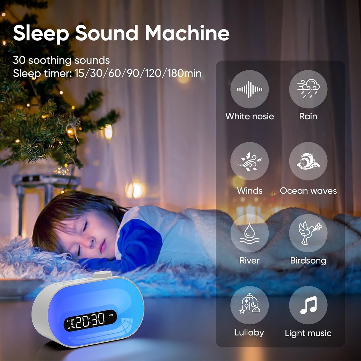 Sunrise Alarm Clock & White Noise Machine, 30 Sounds, Dual Alarms, Dimmable | 14 Night Lights, Sleep Timer, Easy