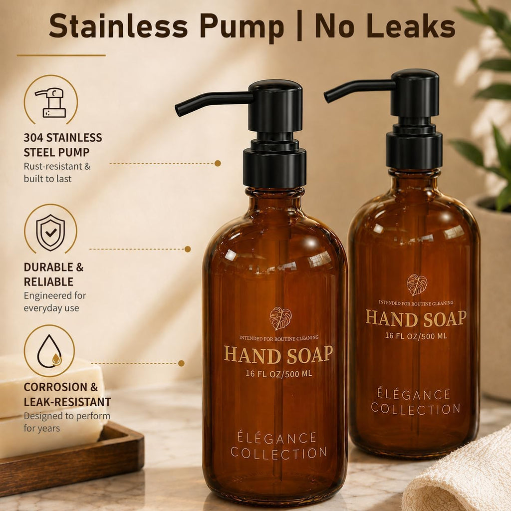 Amber Glass Soap Dispenser 2 Pack, 16 Fl Oz, 14 Waterproof Labels | Leak-Resistant Stainless Steel Pump, Non-Slip