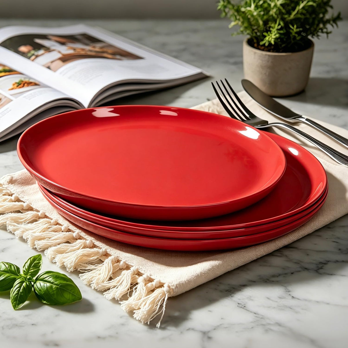 Set of 4 100% Melamine Dinner Plates, 10 in Dessert Plate, Red