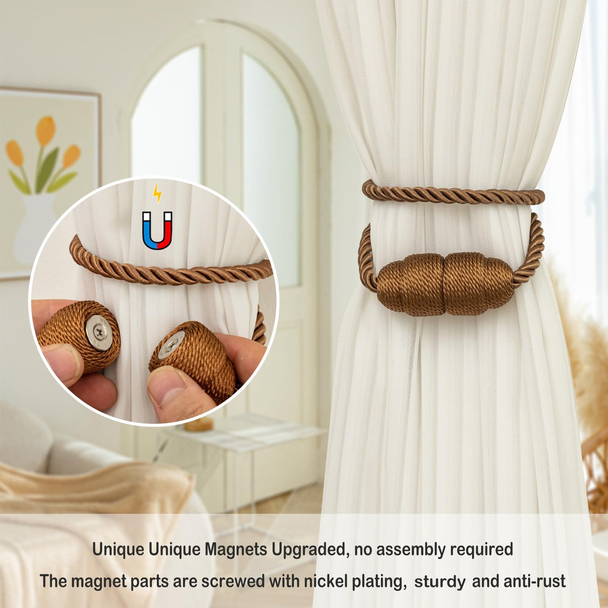 Magnetic Curtain Tiebacks Rope Curtain Tie Backs for Curtains 2 Pack Curtain Holders for Drapes Decorative Window