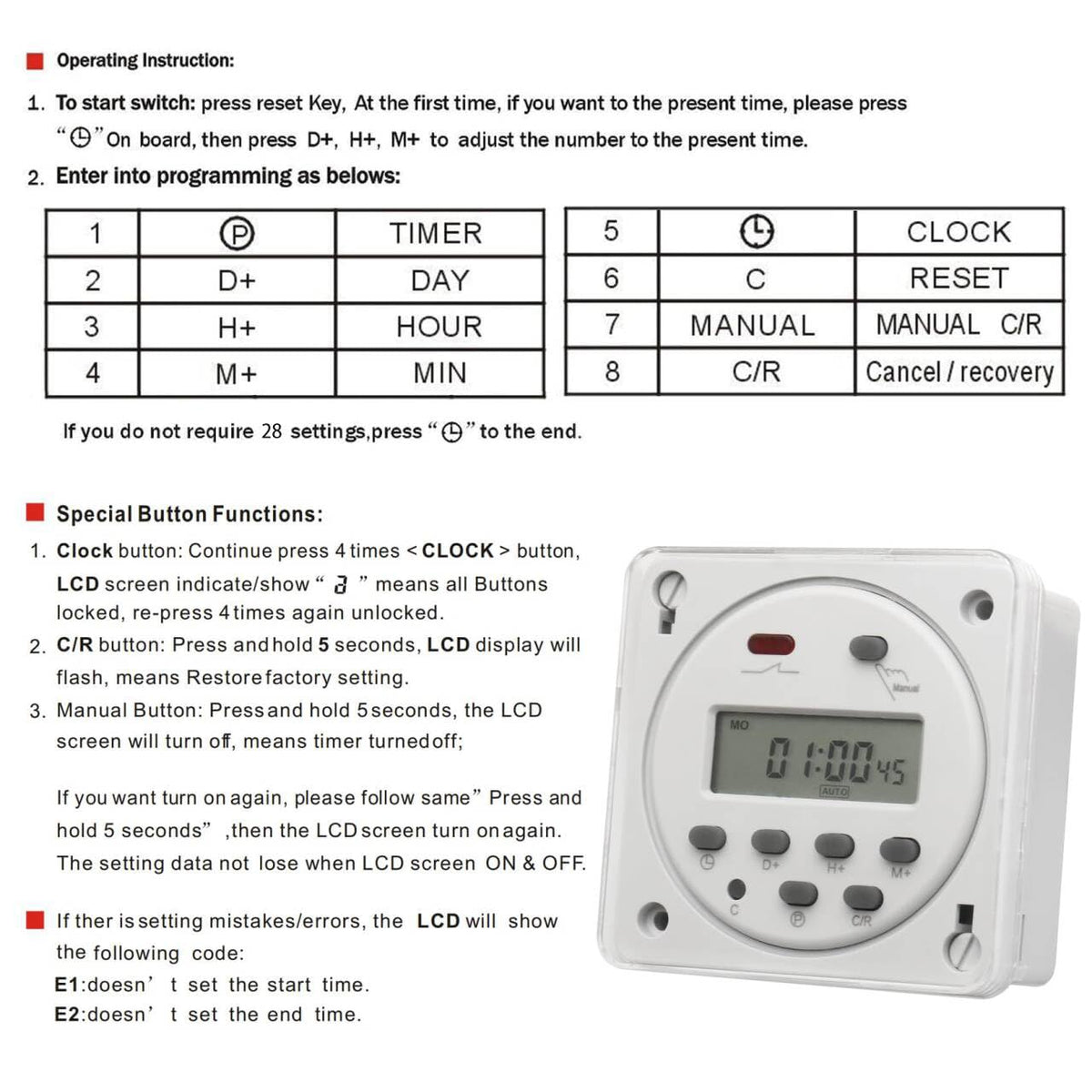 BAOMAIN CN101A 12V Programmable Timer Switch,16A Relay w/Waterproof Cover