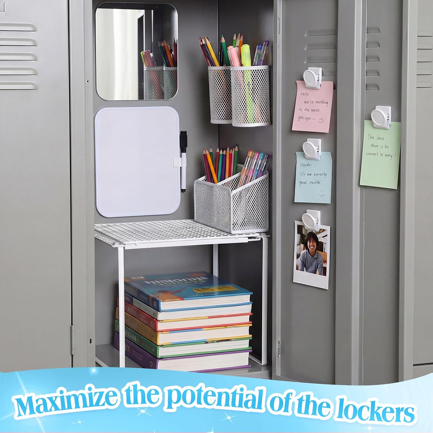 Adjustable Locker Shelf Organizer Set with Magnetic Accessories, Locker Shelf Adjustable 10.6–15 Inch with Magnetic