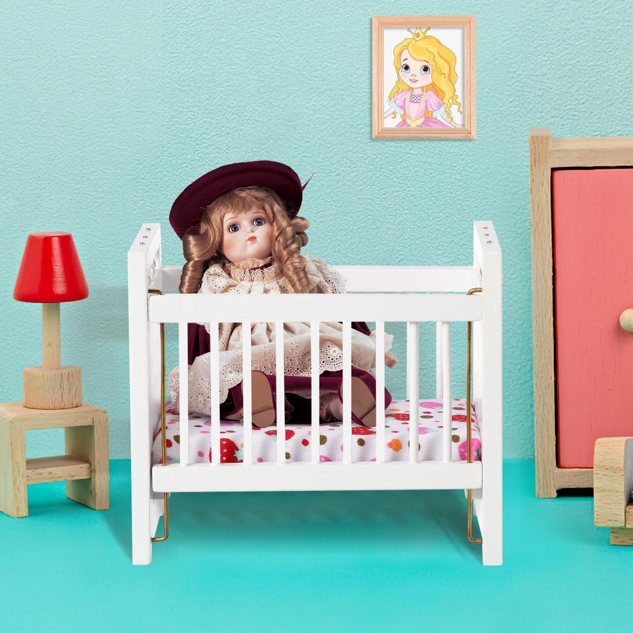 Miniature Dollhouse Crib White Mini Cot: Doll Crib Nursery Furniture with Bedding for Dollhouse Room Decor Pretend