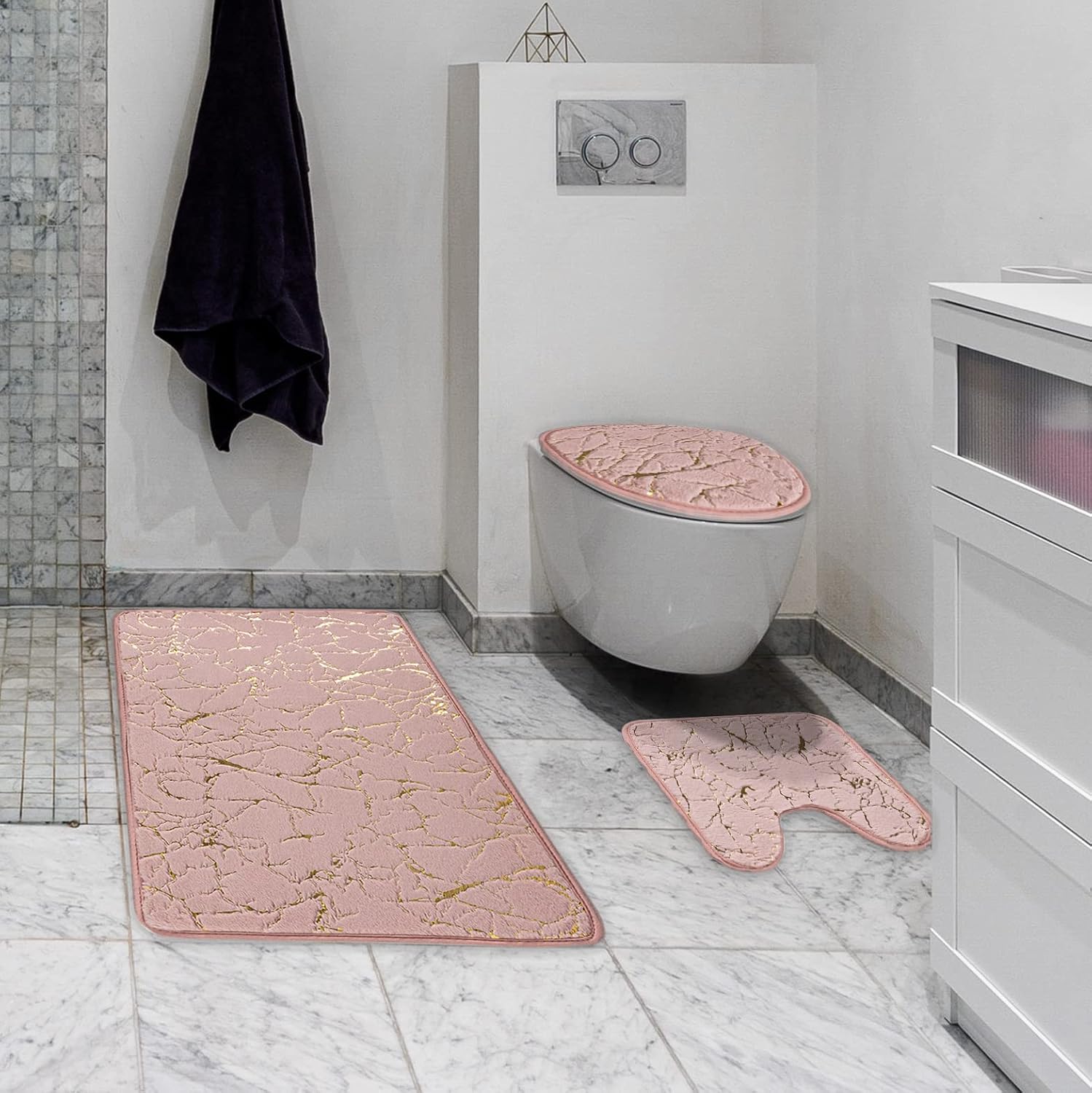 Marble Bathroom Rugs and Mats Set 3 Piece Nonslip Pink Bathroom Mats Soft Washable Bath Mat for Bathroom Floor Mats