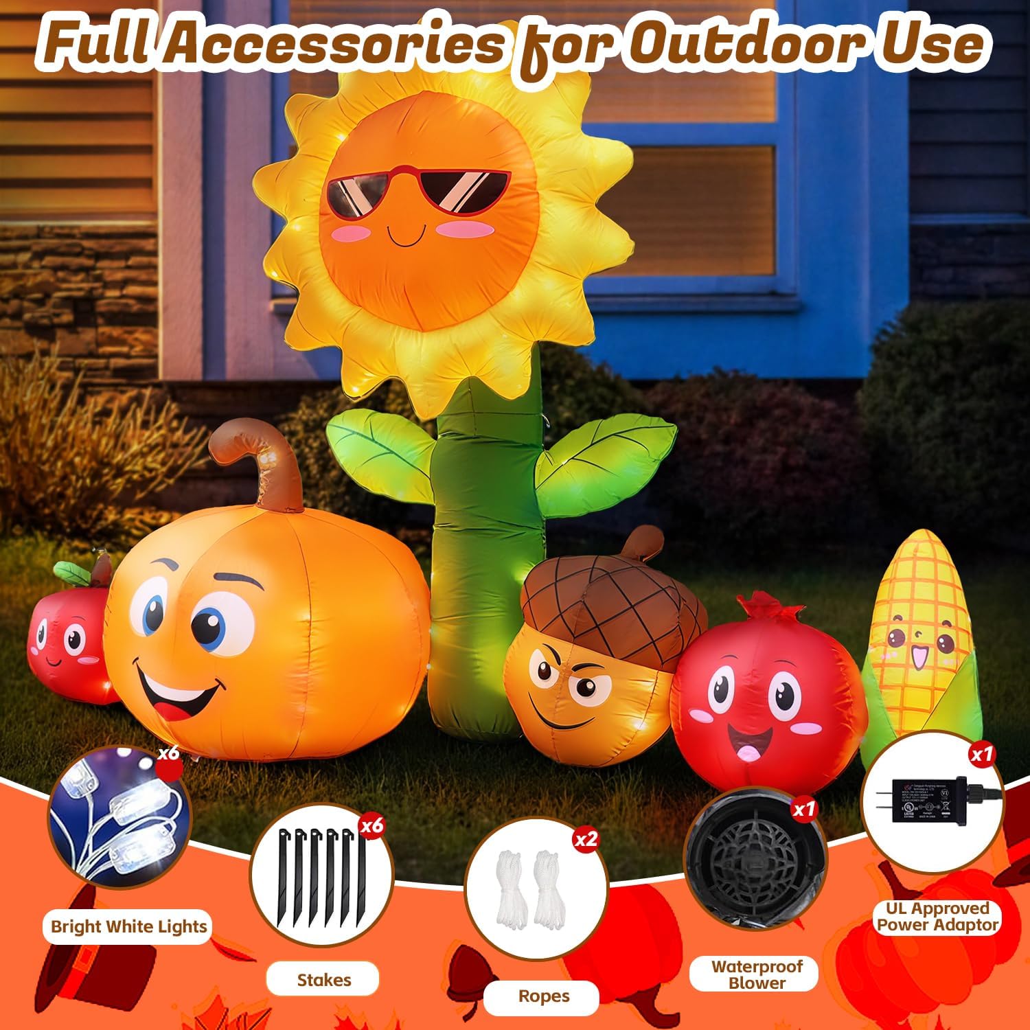 8FT Long Thanksgiving Inflatables Outdoor Decorations, Fall Blow ups Decorations Sunflower and Vegetables, Build in