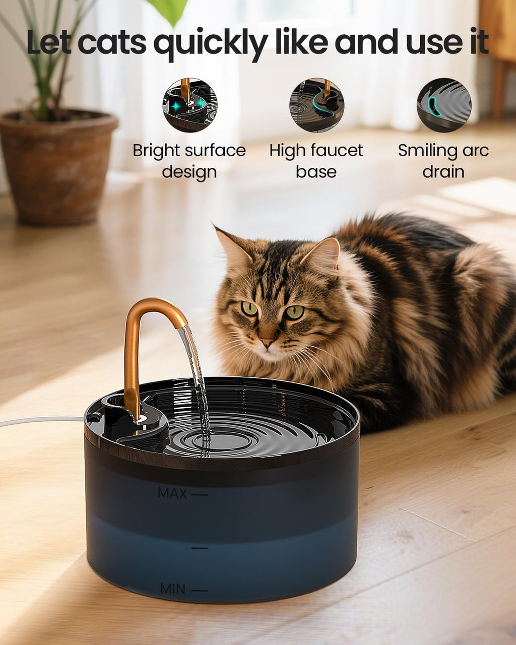 Cat Water Fountain, 71oz/2.1L Cat Fountain for Drinking with Copper Faucet, MISFANS-Designed Pump & Filter, Plastic