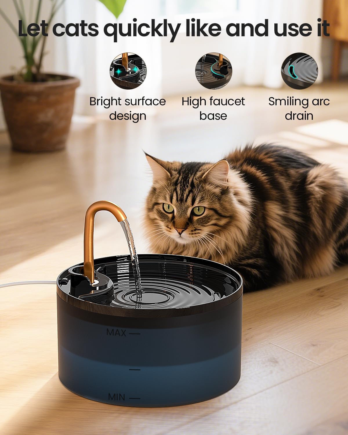 Cat Water Fountain, 71oz/2.1L Cat Fountain for Drinking with Copper Faucet, MISFANS-Designed Pump & Filter, Plastic