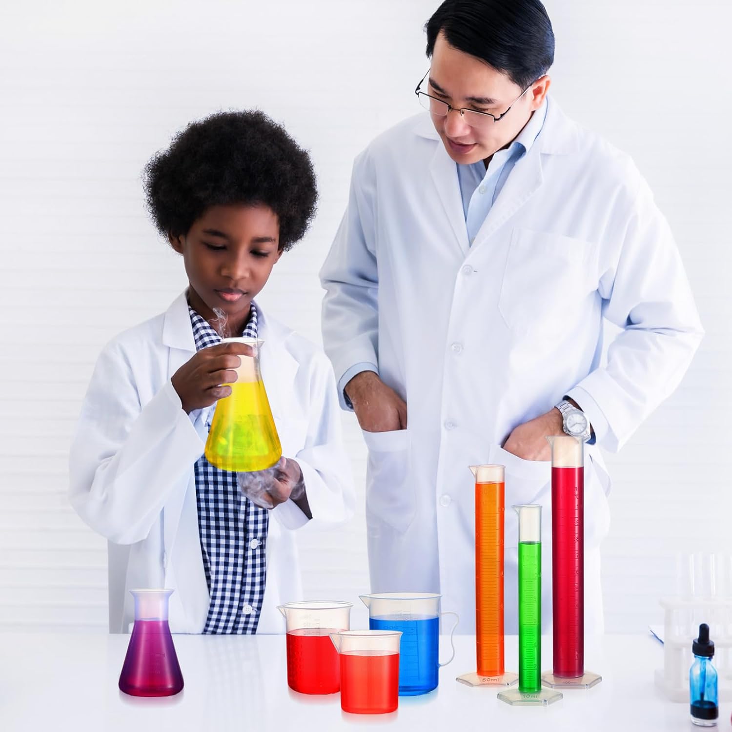40 Pcs Plastic Test Tubes with Rack Plastic Beakers Lab Party DIY | 5 Graduated Cylinders, 6 Beakers, 3 Flasks, 10