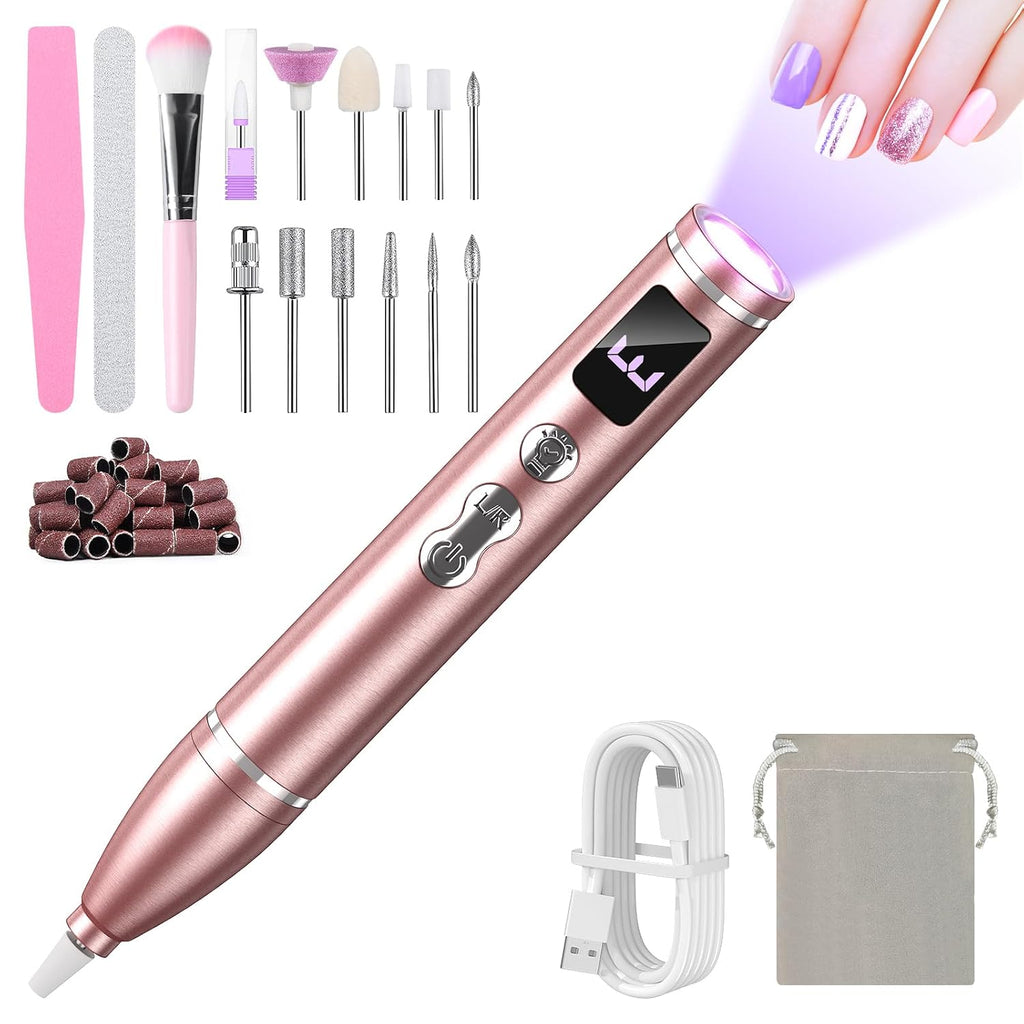 Cordless Electric Nail Drill with UV Light Lamp,Portable Nail File for Acrylic Gel Nails,LCD Display,12 Bits