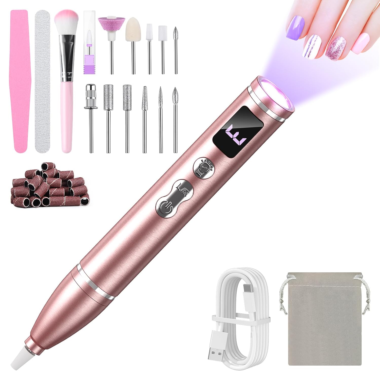 Cordless Electric Nail Drill with UV Light Lamp,Portable Nail File for Acrylic Gel Nails,LCD Display,12 Bits