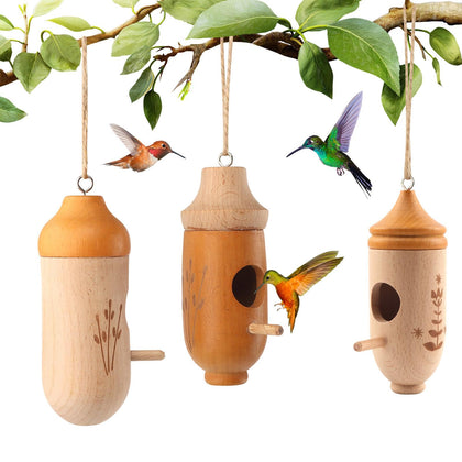3 Packs Hummingbird House, Natural Wooden Hummingbird Houses for Outside Hanging, Humming Bird Nest Swinging