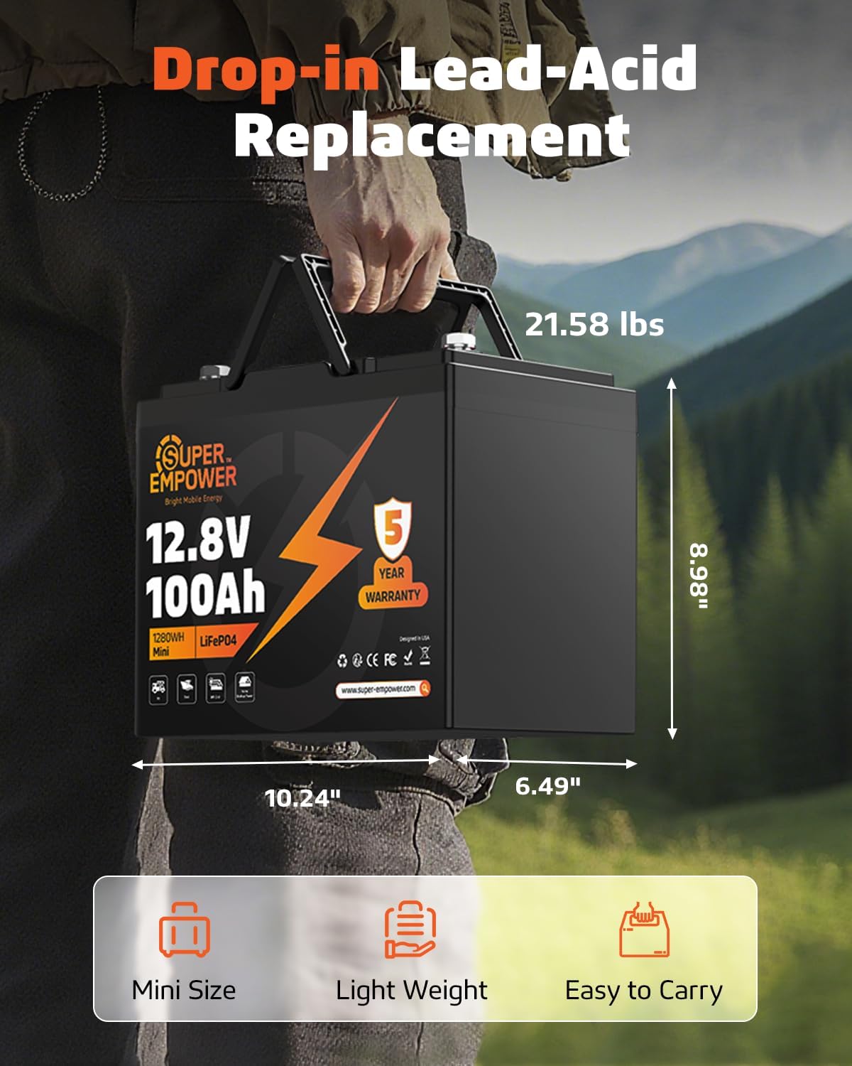 12V 100Ah LiFePO4 Battery, Group 24 Deep Cycle RV/Trolling Motor Battery | 1280Wh Capacity, 100A BMS, Low-Temp