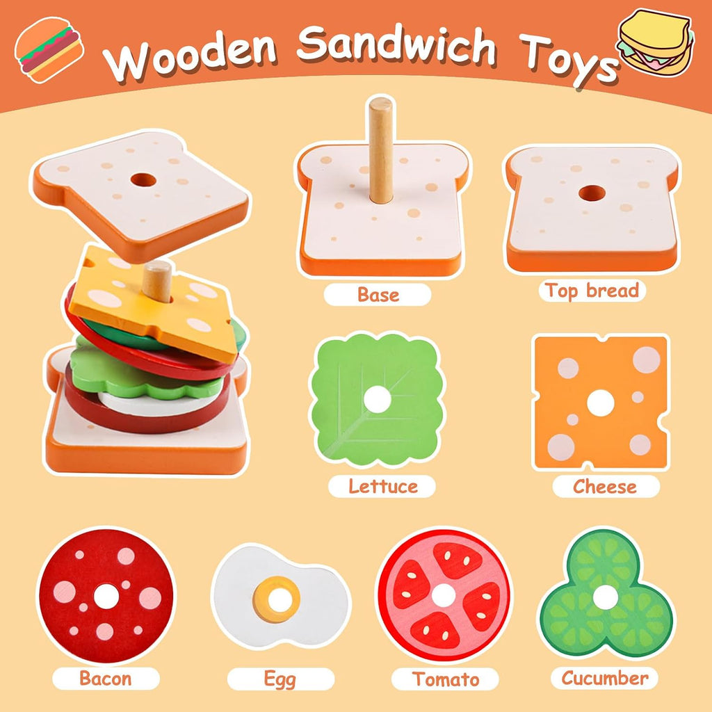 Wooden Sandwich Stacking Toys, Montessori Toys for Toddlers Kitchen Play Food Educational Preschool Learning Toys