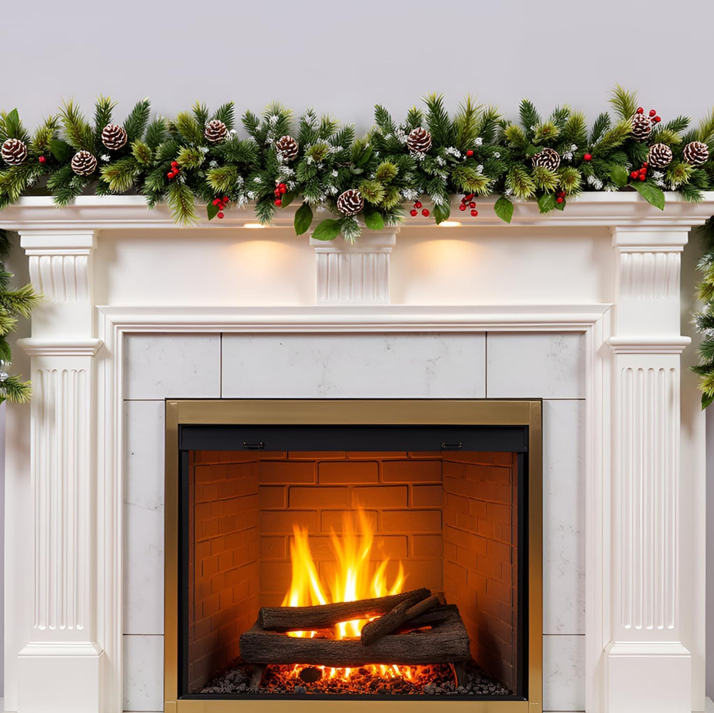 9ft Lighted Christmas Garland with Lights for Mantel | Artificial Flowering Pine Garland ,Faux Green Christmas Winter