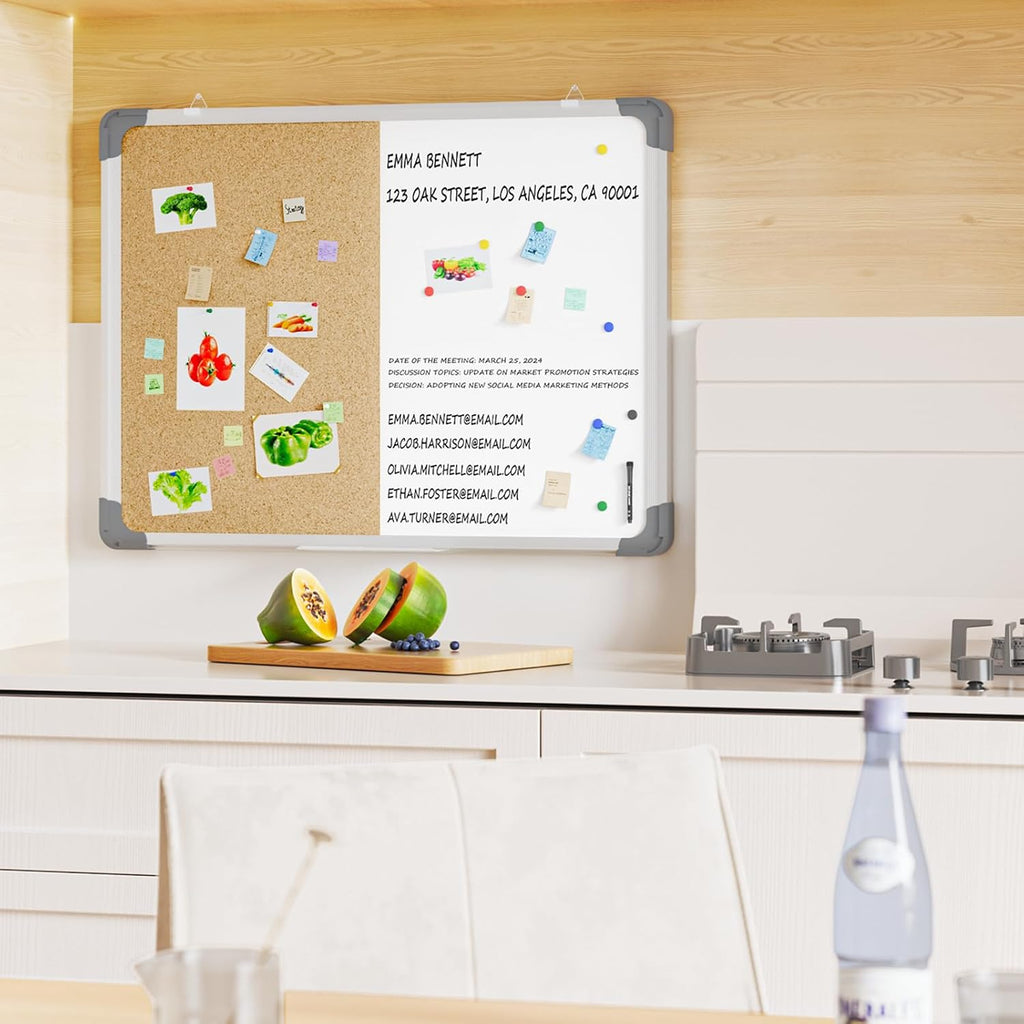 White Board Cork Board Combo, 24×18 inch for Office, Home, School, Vision Board, Pin Bulletin, Markers, Eraser
