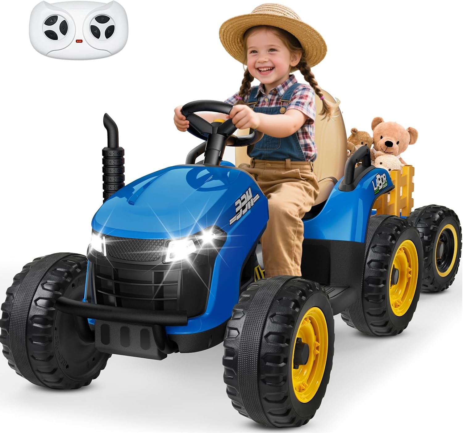 24V Ride On Tractor w/Tiltable & Detachable Trailer, EVA Tires, Up to 4.3Mph, Ride On Toys with Parental Remote